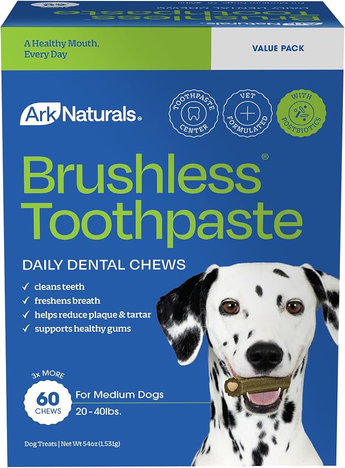 Ark Naturals Brushless Toothpaste Dog Dental Chews - Medium Breeds (60 ct) | Vet Formulated Dog Dental Chew with Toothpaste Center - Freshens Breath, Reduces Plaque & Tartar