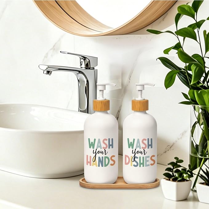 Boho Kids Hand and Dish Soap Dispenser Set, Wash Your Hands & Dishes Glass Soap Dispenser, Hygiene Instruct Colorful Refillable Handsoap Pump Bottle for Bathroom Countertop Kitchen