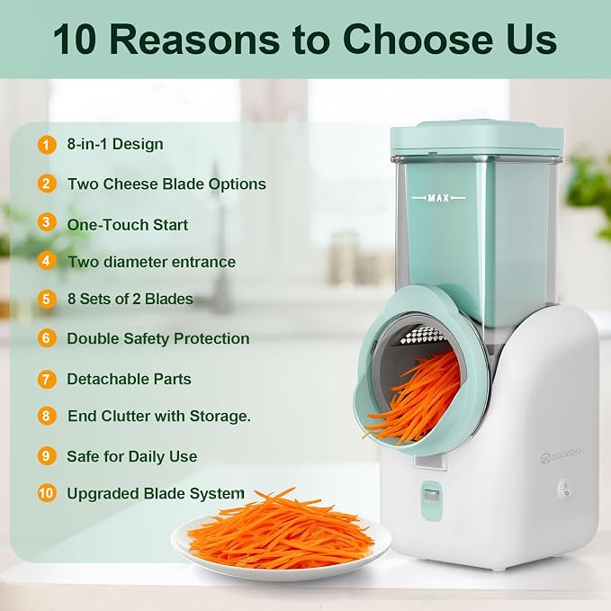Upgraded 8-in-1 Electric Cheese Grater & Electric Cheese Shredder with 8 Interchangeable Blades for Cheese, Vegetables, Fruits and Nuts