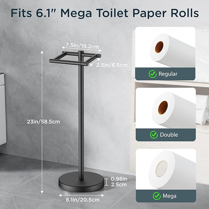FORIOUS Toilet Paper Holder Wall Mount, Stainless Steel Rustproof Double Post Pivoting Tissue Roll Holder for Bathroom, Commercial Toilet Paper Dispenser Toilet Paper Stand, Matte Black
