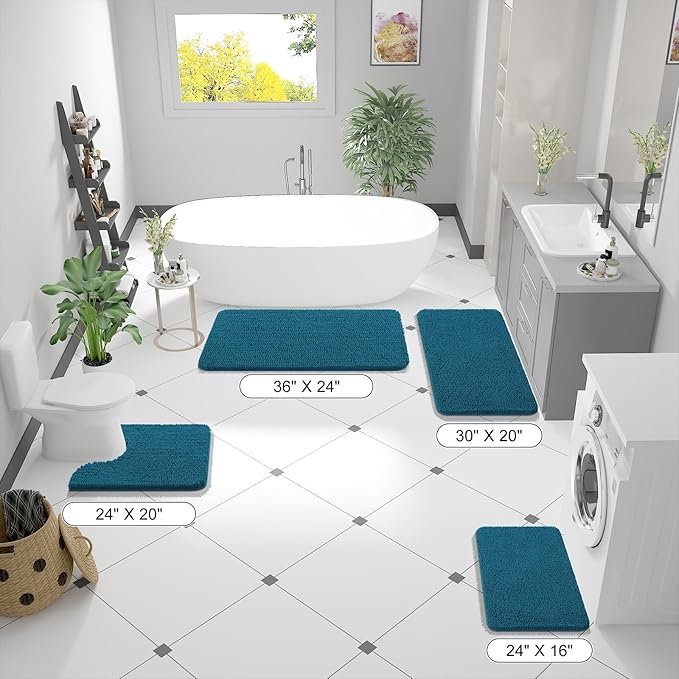 OLANLY Large Bathroom Rugs 59x35, Extra Soft Absorbent Chenille Bath Rugs, Rubber Backing Quick Dry, Machine Washable Bath Mats for Bathroom Floor, Tub and Shower, Home Decor Accessories, Peacock Blue