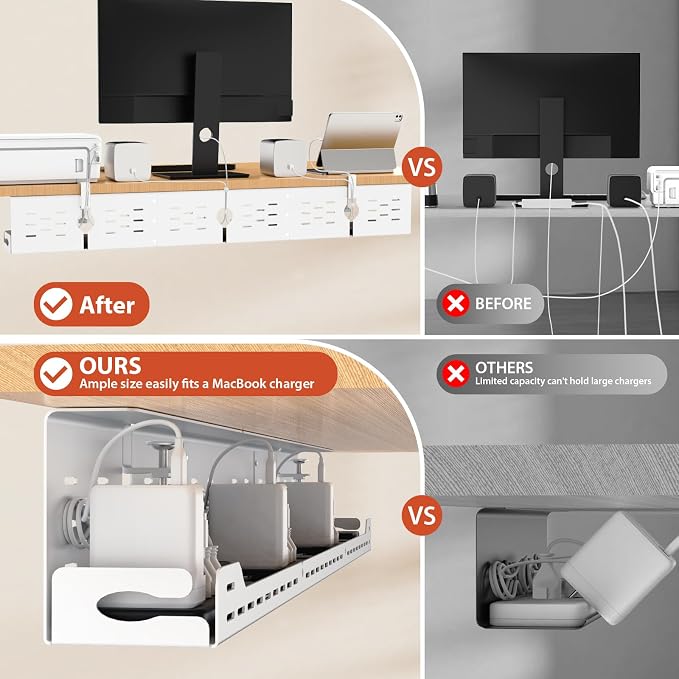 Univivi Under Desk Cable Management Tray - 48" Steel Cord Organizer, No-Drill C-Clamp & Screw Mount for Office/Home, Effortless Wire Management (White)