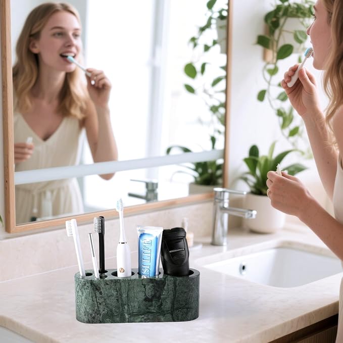 BCS Toothbrush Holder for Bathrooms, 6 Slots Marble Toothbrush Organizer, Makeup Brush Stand Toothbrush Storage Collection for Bathroom Countertop Vanity Organization - Indian Green