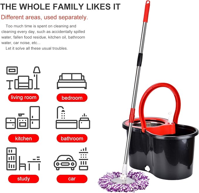 Spin Mop and Bucket with Wringer Set, 3 Mop Refills, 61" Stainless Handle | 360° Spinning Mop System with Stainless Steel Extended Handle & 3 Microfiber Refills for Floor Cleaning