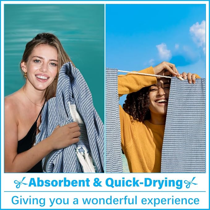 Vikumond Turkish Beach Towel Blanket Oversized 88x82 Inch Quick Dry Blue | Lightweight Compact Portable Sand Free Absorbent Boho Woven Throw for Pool Swimming Picnic Camping Cruise Outdoor Essentials
