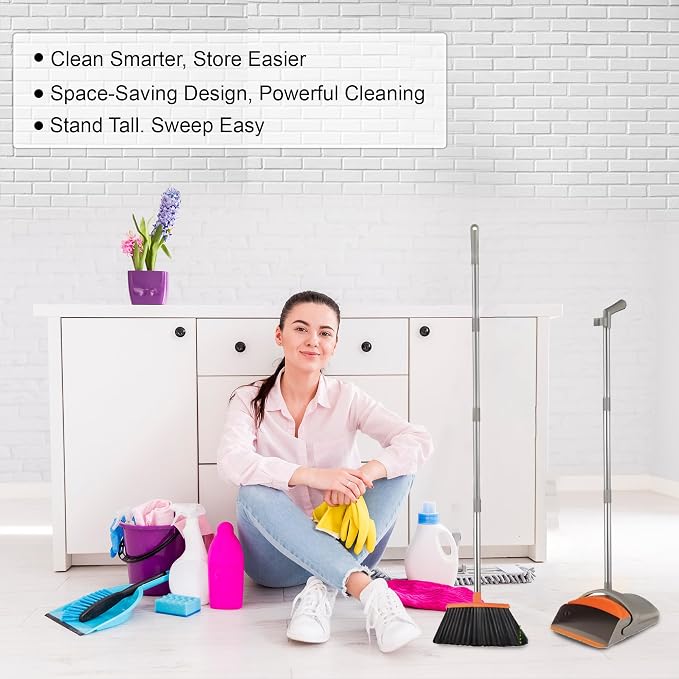 DUST PAN Adjustable Handle Length 90–125cm Broom and 80–110cm Dustpan – Durable PP+PET+Stainless Steel Build – Black & Green Color – Home, Office, Kitchen & Easy Floor Cleaning