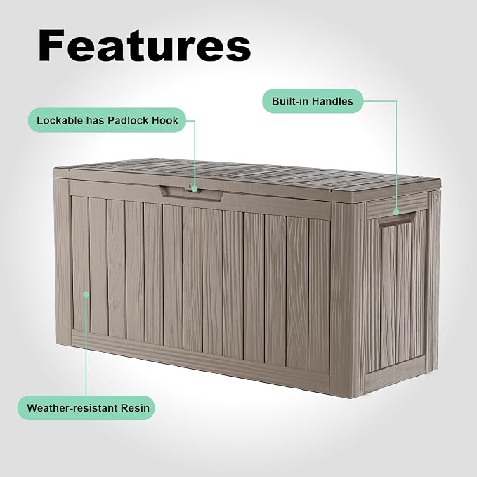 DRATO 85 Gallon Outdoor Storage Box Waterproof, Lockable Resin Deck Box for Patio Furniture, Pool Supplies & Garden Tools, Weatherproof Outside Storage Bin for Backyard Porch (Grey, 85 Gallon)