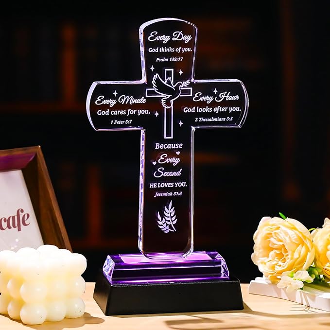 Movdyka Christian Inspirational Gifts for Women, Crystal Cross Bible Verse Plaque Decor with Light Base, Religious Faith Spiritual Prayers Encouragement Gift for Woman Men Mom Daughter Friends