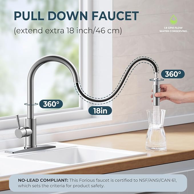 FORIOUS Chrome Kitchen Faucet with Pull Down Sprayer, High Arc Modern Classic Sink Faucet Stainless Steel with Deck Plate Fit for 1 or 3 Hole for Pot Filler Bar Farmhouse Laundry Rv