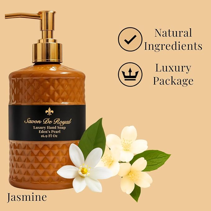 Savon De Royal Luxury Pack of 3 Liquid Hand Soap, Jasmine/Musk Vanilla/Vanilla Orange Bathroom Soap Hand Wash Refillable Bottle Gift 50.7 Fl Oz