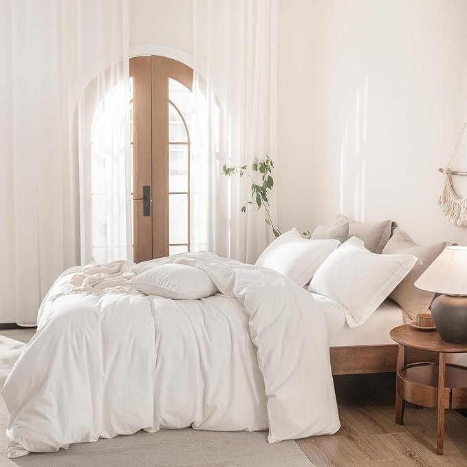 Off White Duvet Cover Oversize Queen Size 100% Washed Cotton Bedding Set Cover 1 Duvet Cover Zipper Closure and 2 Pillowcases, 98inch x 98inch