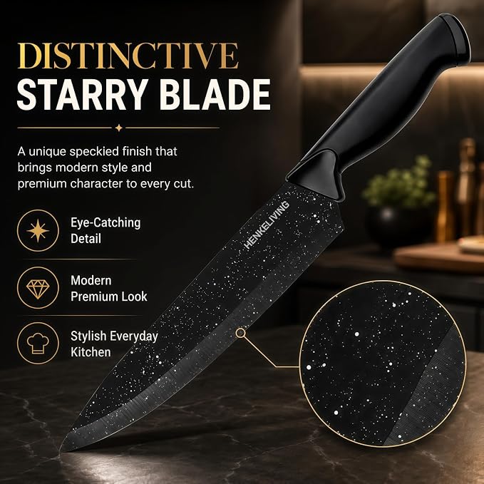 14-Piece Starry Black Knife Block Set with Built-In Sharpener | German high-carbon stainless steel blades, dishwasher safe, ultra-sharp edges, ergonomic non-slip handles