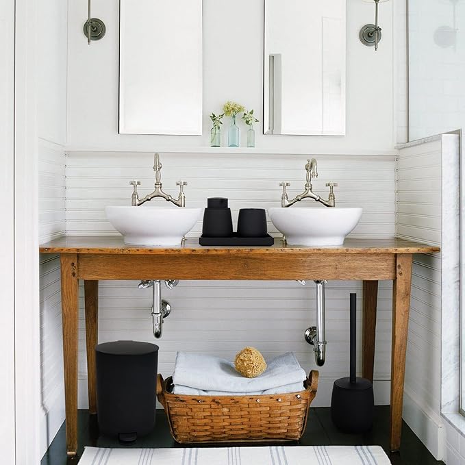 GAHEFY Black Bathroom Accessories Set with Small Trash Can 3 Liter/0.8 Gallon,Toothbrush Holder,Soap Dispenser,Vanity Tray,Toilet Brush and Holder Black 5pcs