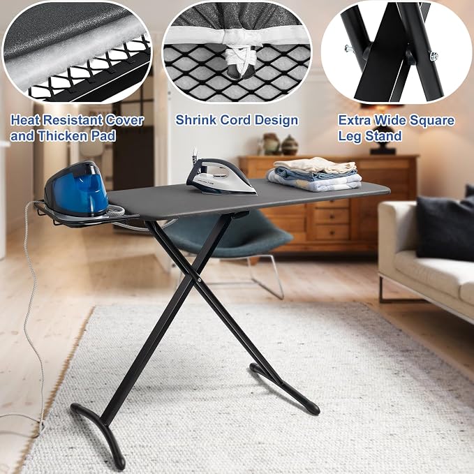 Duwee 18"x46" Ironing Board with Heat Resistant Cover and Thicken Felt Pad | Deluxe Iron Board with Steam Iron Rest,Adjustable Height Heavy Duty Ironing Board Full Size,Heavy Sturdy Legs,Black