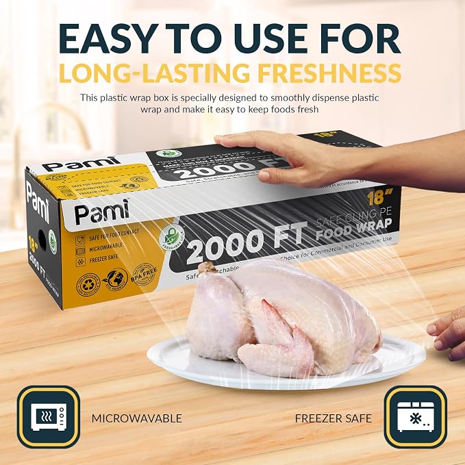 PAMI Plastic Food Wrap 18” x 2000 FT with Slide Cutter – Safe Cling Stretch Film, BPA Free, Microwave & Freezer Safe, Durable Food Storage Wrap for Home & Commercial Use