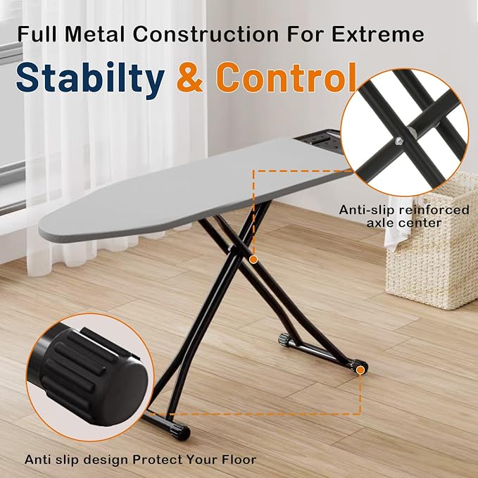 Ironing Board, Adjustable Height Iron Board with Iron Rest, Foldable Metal Iron Table, Heavy Duty Iron Stand with Heat Resistant Cover and Thick Padding, Full Size 44"x13", Grey