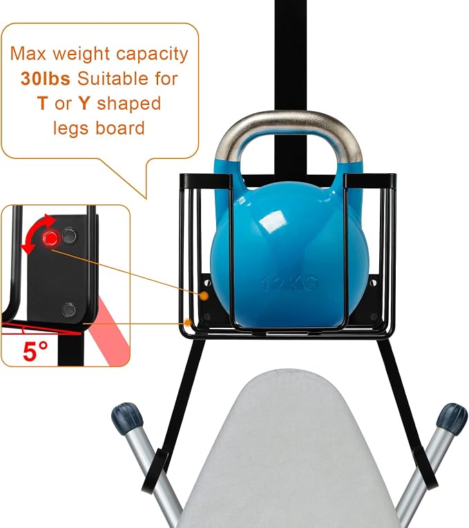 ORLESS Over The Door/Wall Mount Ironing Board Hanger, Laundry Room Iron and Ironing Caddy Board Storage Holder, Black