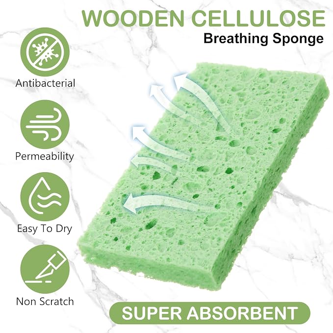 Zhengmy 48 Pieces Sponges Bulk Sponges Kitchen Compressed Sponge Natural Dish Sponge Compressed Wood Pulp Cleaning Without Scratching for Kitchen Bathroom, 3.9 x 2.4 x 0.12 Inch (Green)