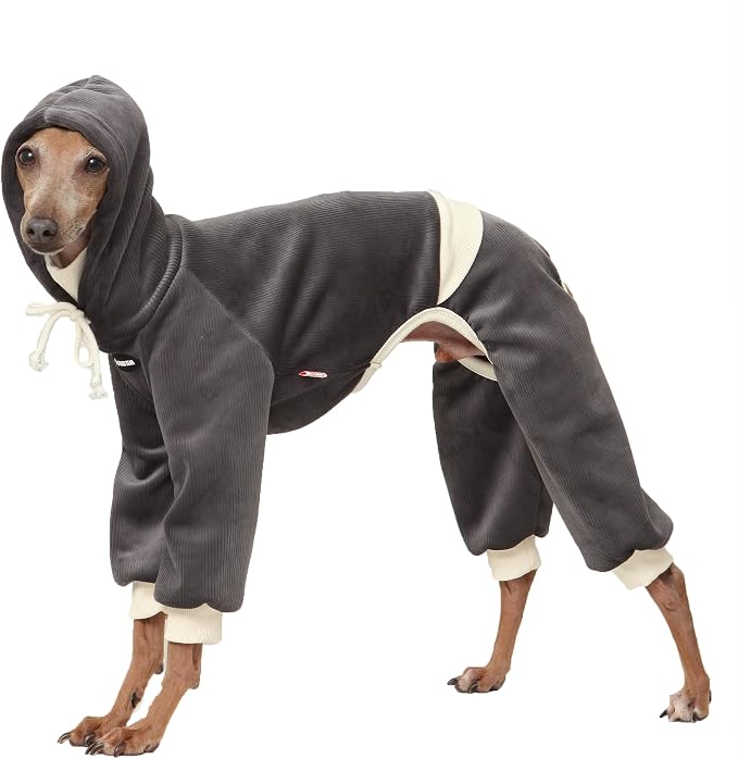 D Doggy Star Italian Greyhound Clothes, Corduroy Velvet Hooded Jumpsuit, Stretchy and Cozy (M,Hoodie Charcoal)