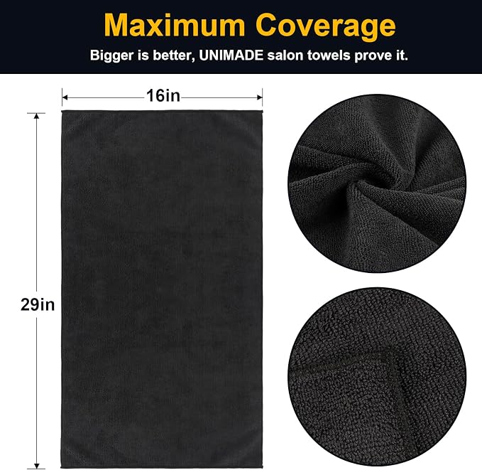 UNIMADE Salon Towels 2 Pack, Microfiber Hair-Drying Cloth Barber Towels | (16x29 inches) Super Soft Black Hand Cloth for Gym, Bath, Spa Use and Home Beauty Care(Not Bleach Proof)
