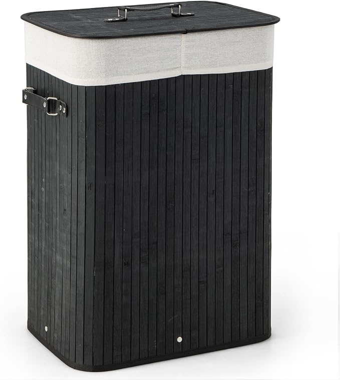 Giantex Bamboo Laundry Hamper with Lid Removable Liner & Handles | 72L Large & Tall Clothes Hamper, Rectangular Laundry Basket for Small Spaces, Laundry Room, Bedroom, Black