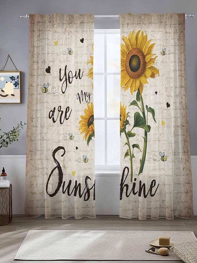 Sunflower Voile Sheer Curtain 96 Inch,Rod Pocket Rustic Yellow Floral Sheer Window Curtain Panels,Vintage Retro Beige Newspaper Letter Long Semi-Sheer Tulle Drape Chiffon Fabric for Living Room
