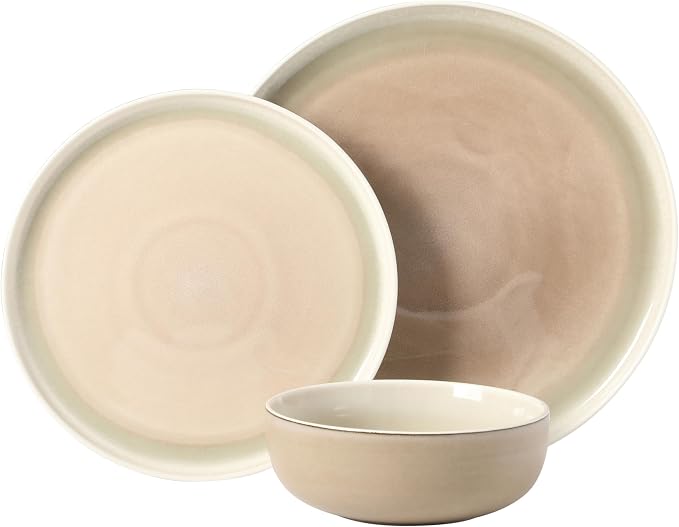 Gibson Elite Island Bay 12-Piece New Bone China Dinnerware Set Service for 4, Reactive Glaze Plates and Bowls, Dishwasher and Microwave Safe, Cream and Green