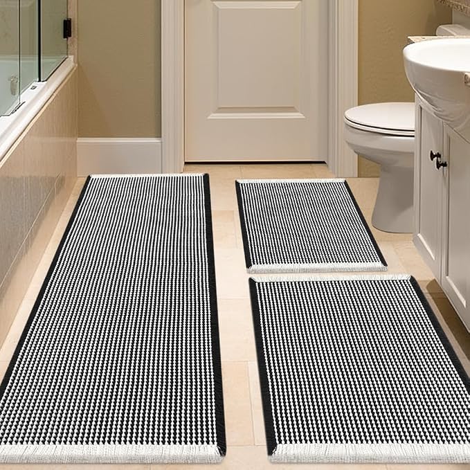 IM HOME Waffle Bath Mat Set 3 Piece Black & White,Woven Modern Bath Rug Mats, Absorbent Non Slip Bath Floor Mat, Soft Washable Boho Bath Rugs with Tassels for Bathroom, Bedroom, Kitchen