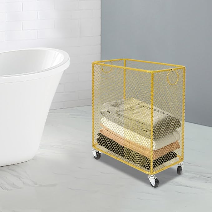 Rolling Laundry Basket with Wheels and Round Handle, Rectangular Metal Mesh Wire Laundry Hamper, Wheeled Dirty Clothes Basket, Utility Storage Cart Bathroom Organizer for Home (Gold-Rectangular)