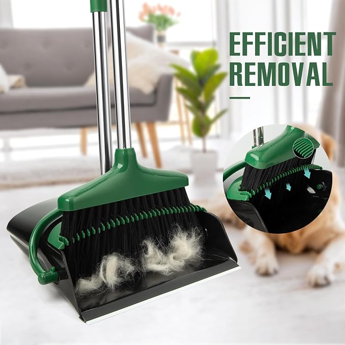 Broom and Dustpan Set with Long Handle, Light Weight Stainless Steel Poles Stand Upright Dustpans with Broom Combo for Home Kitchen Office Pet Dog Hair, 1-Pack(Black Green)