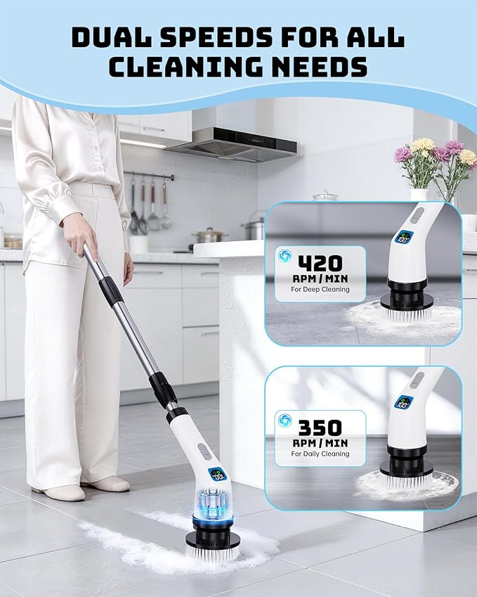 Electric Spin Scrubber for Cleaning Bathroom - Shower Cleaner Brush with Long Handle - Cordless Power Scrubber with 7 Brushes Heads, IPX7 Waterproof Scrub Brush for Bath Tub Tile Grout Glass Tool