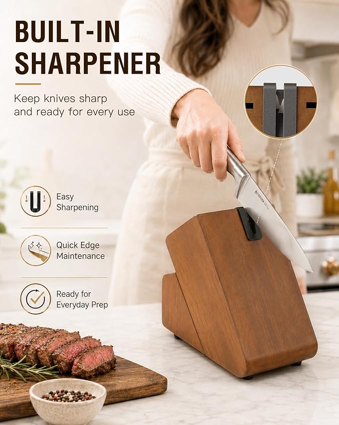 Astercook Knife Set, 15 Piece German Steel Kitchen Knife Set with Built-in Sharpener, One-Piece Knife Block Set Rust-Resistant Dishwasher Safe Block Knives Set for Cooking & Gift (Walnut Brown) | Wooden Block with Built-in Sharpener, One-Piece Design, ...