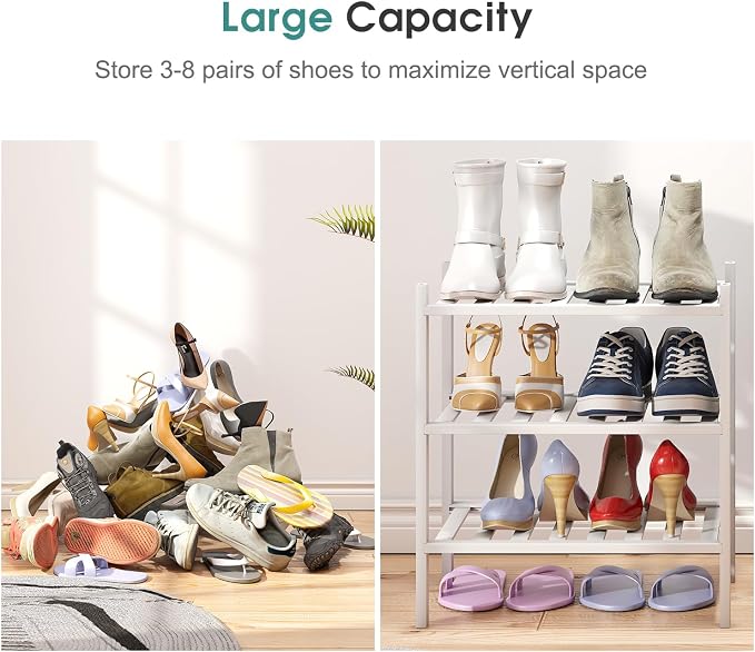 viewcare Small Shoe Rack for Entryway, White Shoe Organizer for Closet, Bamboo Wood Standing Shoe Shelf for Indoor Outdoor (White, 3-Tier_Samll)
