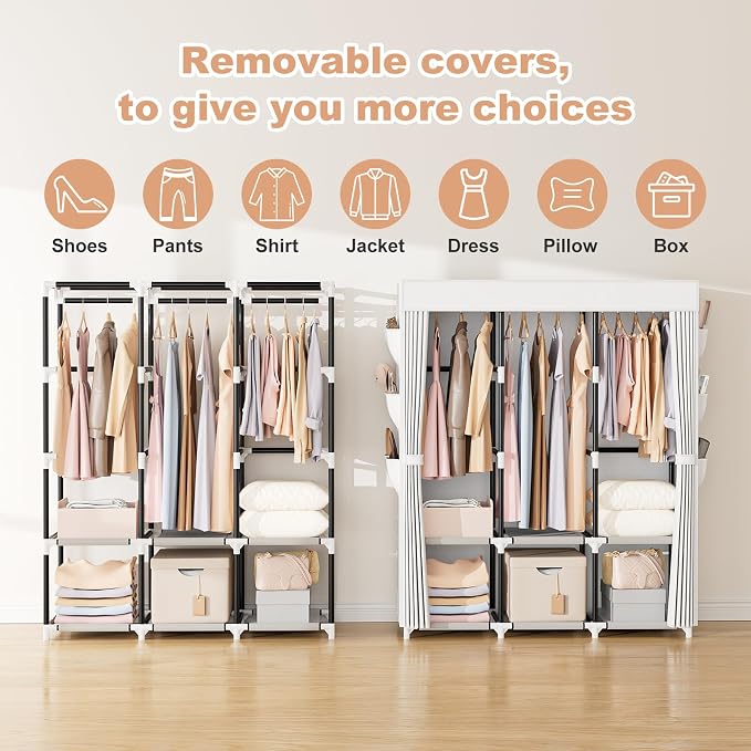 VTRIN Portable Closet Wardrobe for Hanging Clothes Closet with Cover, 3 Hanging rods, 6 Storage Shelves and Side Pocket, Diameter 19mm Metal Pipe, Sturdy Free Standing Closet for Bedroom, White