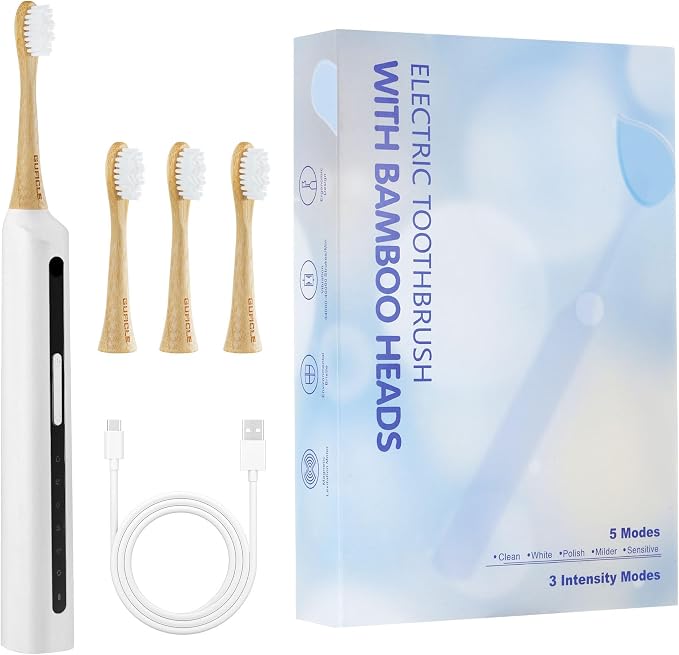 Sonic Electric Toothbrush with Bamboo Heads, White | Bamboo Electric Toothbrush, Soft Castor Oil Bristles, Smart Timer, 40000 VPM, 5 Modes, IPX7 Waterproof, 45-Day Battery Life