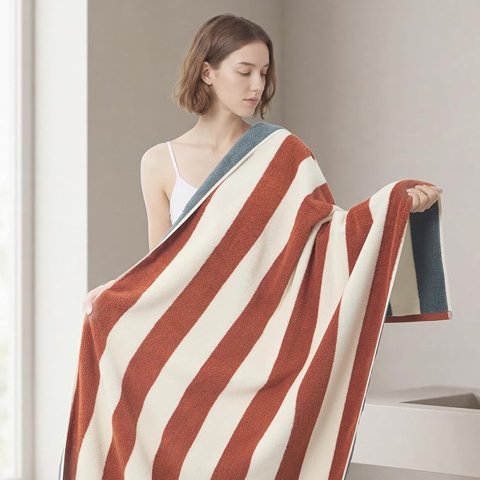 REDKISS 2 Pack Extra Large Striped Bath Towels, 31 x 63 Inches, 100% Cotton, Larger & Quicker to Dry, Super Soft and Highly Absorbent Towel, Perfect for Bathroom, Terracotta