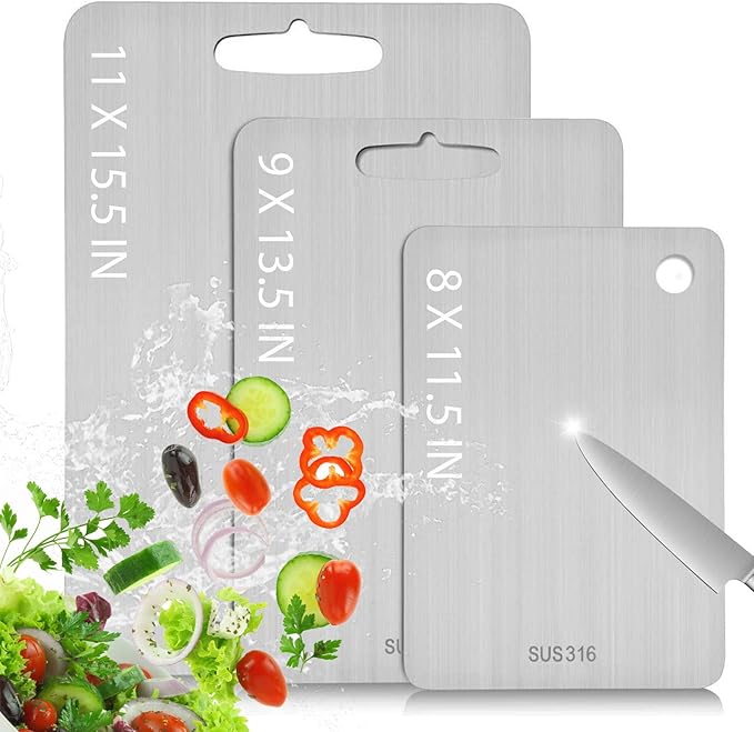 Stainless Steel Cutting Board with Lip, Katori Cutting Boards for Kitchen Double Sided Non Toxic & Non Moldy, Dishwasher Safe Gift for Home Cooks/Outdoor Camping, Fit Meat/Vegetable/Fruit (3PC-S+L+XL)