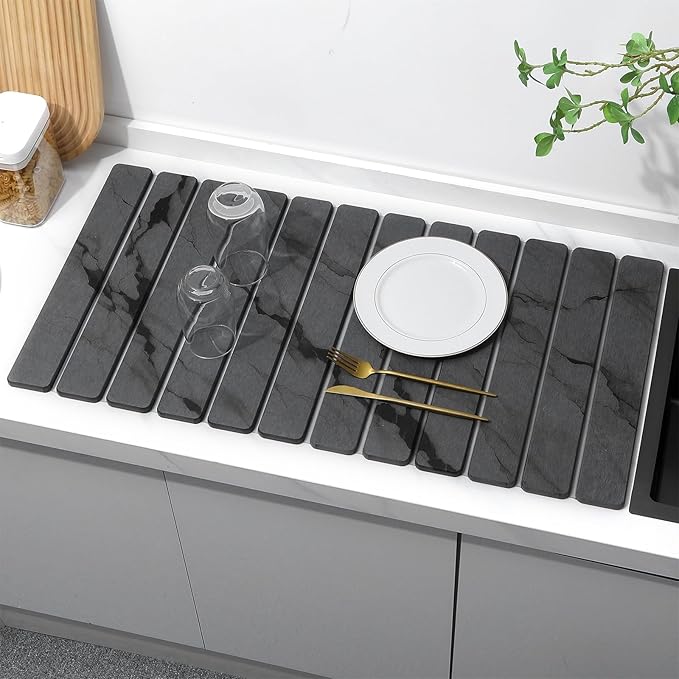 Extra Large Stone Dish Drying Mat for Kitchen Counter, Quick Dry Stone Dishes Mats, Foldable Water Absorbing Diatomaceous Drying Pad for Countertop Bottles Utensils Cups Bathroom(Dark Gray 32"×16"）
