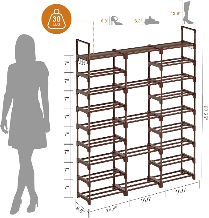 WOWLIVE 9 Tiers Shoe Rack Shoe Storage Shoe Organizer 30-35 Pairs Shoe Tower Unit Shelf Durable Metal Pipes with Plastic Connectors Stackable Cabinet Brown