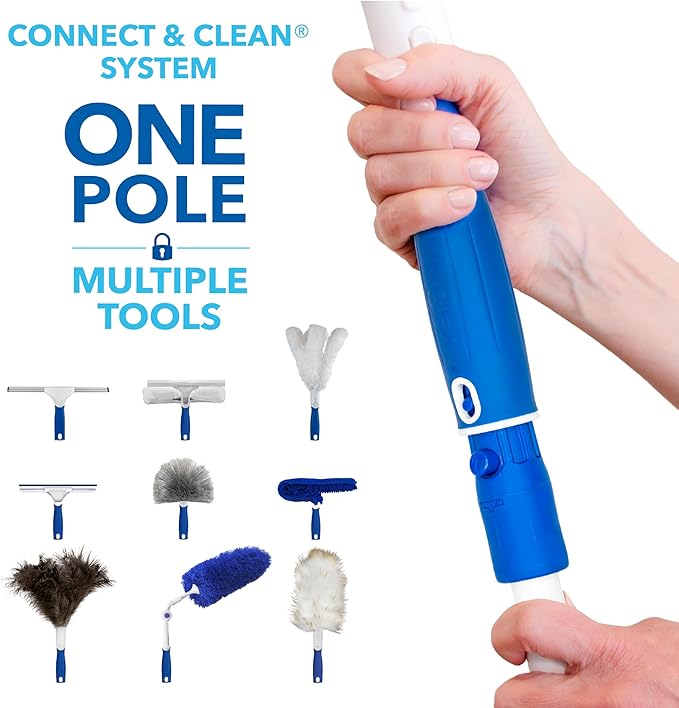 Unger Connect and Clean Dusting Kit with 4' Steel Pole, Features Microfiber Duster, Cobweb and Corner Duster and Wide Blind Duster, High-Access Dusting and Cleaning of Blinds, Windowsils, Cabinets