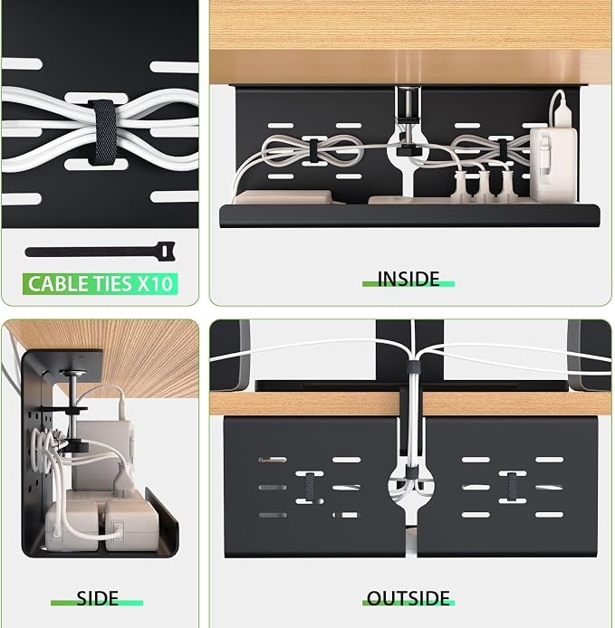 KEEGH 16'' Under Desk Cable Management Tray, No Drill Clamp Mount, Sturdy Metal Cable Tray for Power Strip, Cord Management Tray for Home Office, Gaming Desk, Standing Desk, Black, 1 Pack