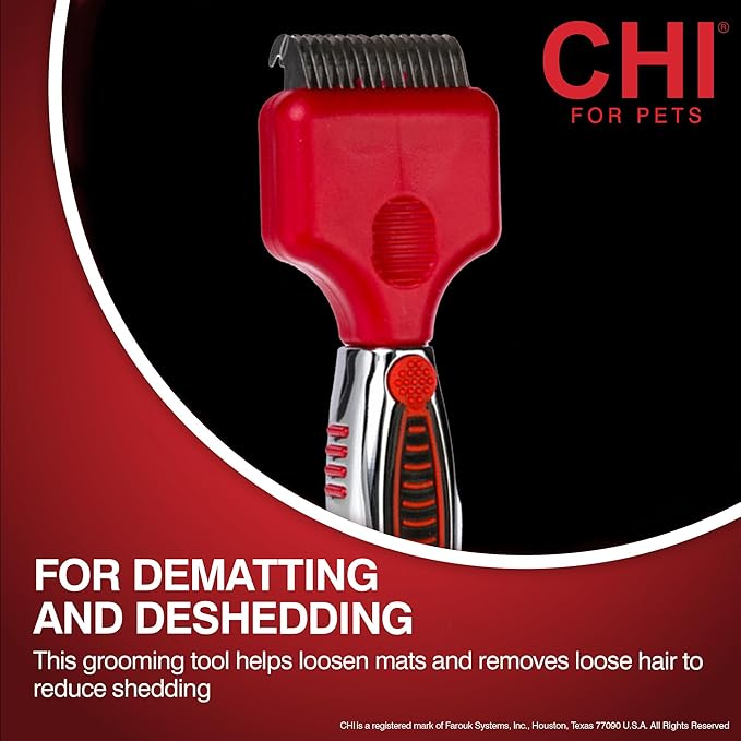 CHI for Dogs Dematting and Deshedding Undercoat Rake Dog Grooming Tool Long Hair and Double Coats Rounded Blade Teeth Remove Mats and Loose Undercoat Detangling Rake Shedding Control Ergo Handle