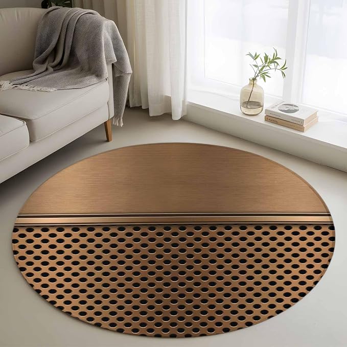 3 Ft Round Rug for Play Room, Brown Metal Hole Indoor Accent Rugs for Living Room, Modern Copper Net Eye Hole Pattern Decorative Circle Carpet Washable Low Pile Non Slip, Soft Rug for Bedroom/Office