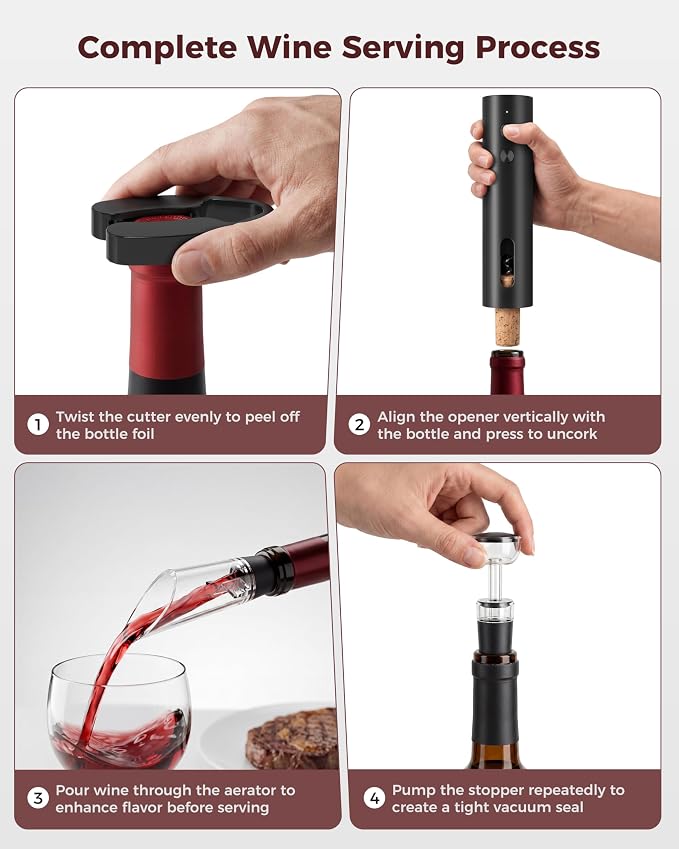 Rechargeable 5-in-1 Electric Wine Opener Set, Cordless Automatic Wine Bottle Opener with Foil Cutter, Aerator Pourer, Vacuum Stopper & Storage Base, Ideal for Home Bar, Party, Wedding Gifts