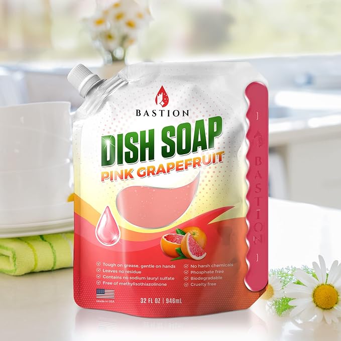 Bastion Dish Soap - Liquid Dishwashing Degreaser & Detergent - Pink Grapefruit Fragrance - (6) 32oz Refill Pouches - All Natural - Cruelty-Free