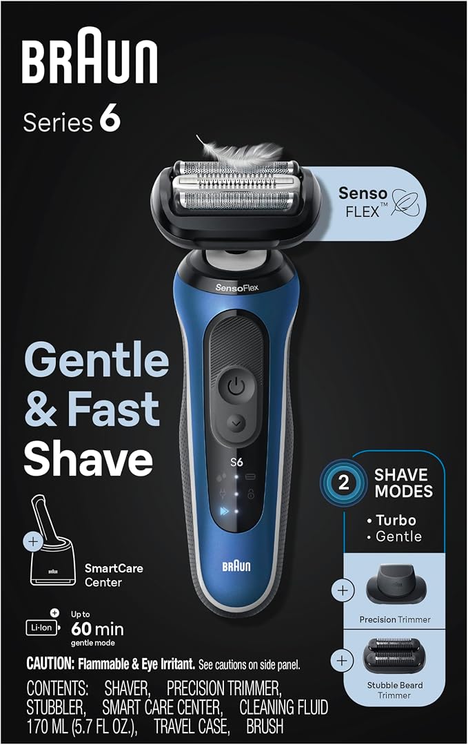 Braun Electric Shaver for Men, Series 6 6177cc, Wet & Dry Shave, Turbo & Gentle Shaving Modes, Foil Shaver, Blue