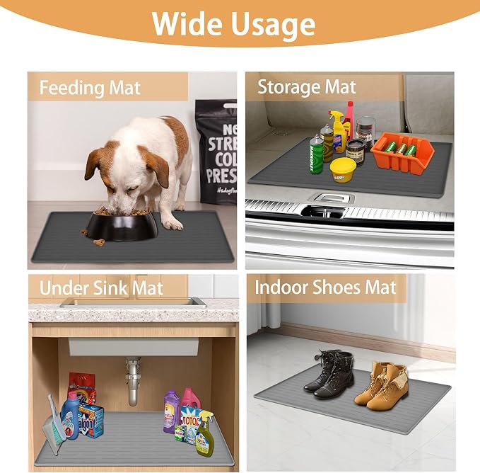 24" x 16" Dog Food Mat, Silicone Pet Mats for Food and Water, Nonslip Pet Feeding Mats for Floors, Dog Cat Bowl Mat with Raised Edges, Beige
