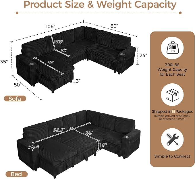 106 in L-Shaped Sectional Sleeper Sofa Couch for Living Room, Black | Pull Out Bed, 7 Seat Modular Design, Hidden Storage Space, USB Charging, Cup Holders, Soft Corduroy Fabric, Easy Assembly