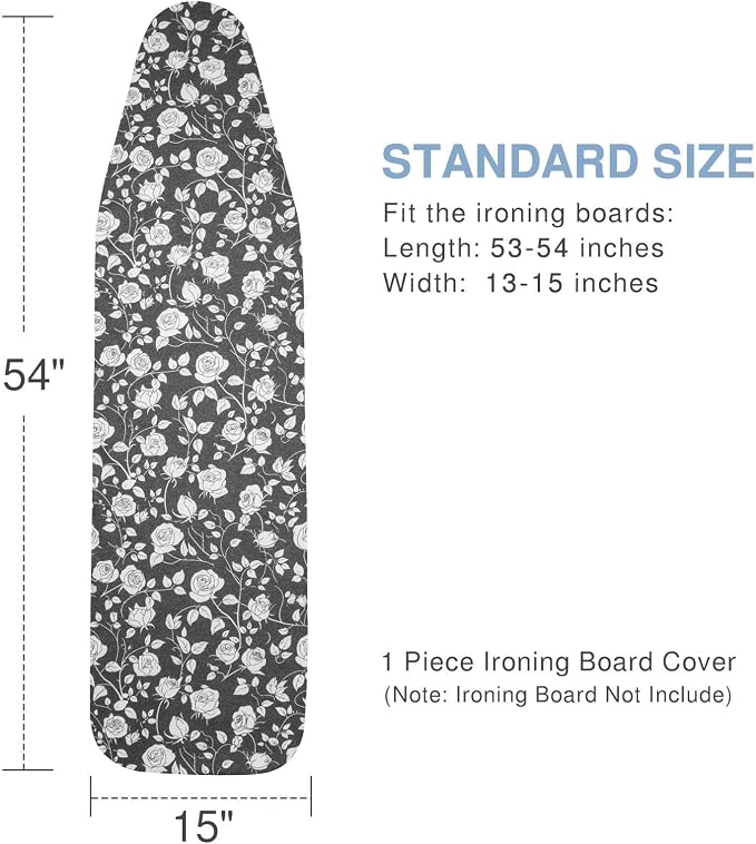 VividPaw Ironing Board Cover and Pad, Standard Size 15x54, Thick Padding, Elastic Edge, Resist Scorching, Adjustable Fastener, Heavy Duty Floral Iron Board Covers (Rose)