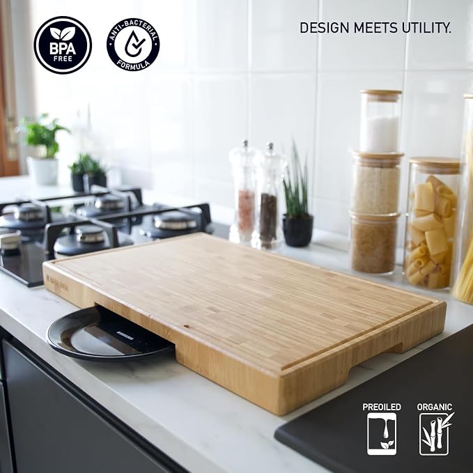 XXL Bamboo Cutting Board, End Grain Butcher Block for Kitchen, Extra Thick | 25 x 15 Inch (Extra Thick 1.7") Professional, Heavy Duty Hardwood Non Toxic Wooden Chopping Board (Oil & Plate Included)